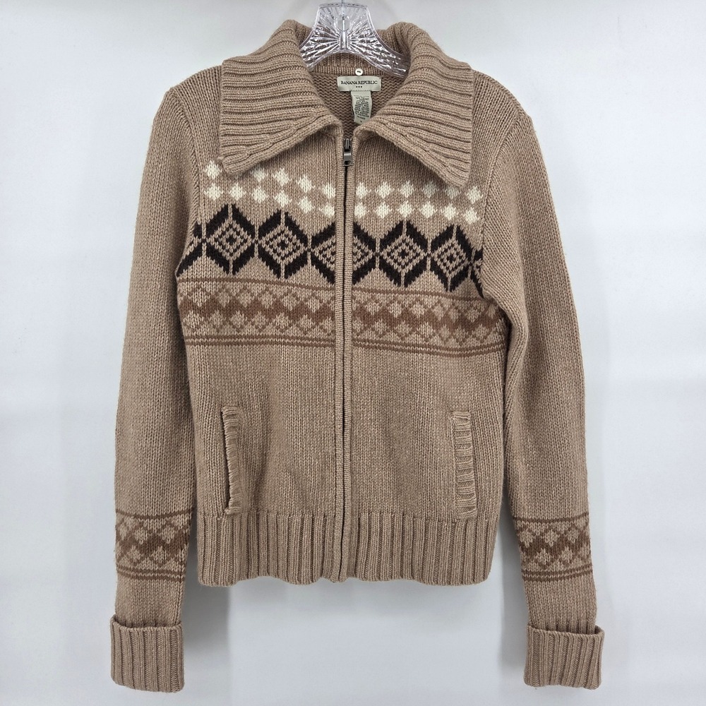 Y2K Banana Republic Zip Up Sweater M Tan Fair Isle‎ Wool Angora Boho Mountain